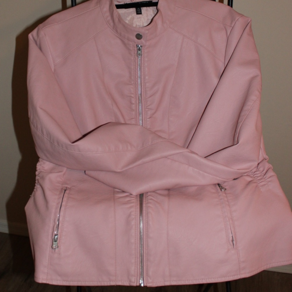 Pink faux leather zipper jacket with pockets size XL silver buttons / BACCINI